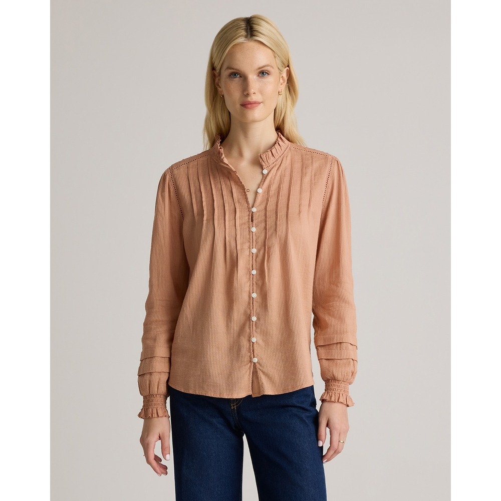 Quince Textured Peasant Blouse Ruffle Neck Long Sleeve Size Medium Cafe au Lait